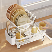 43 cm White 2-Tier Dish Rack with Extendable 360° Drain Spout