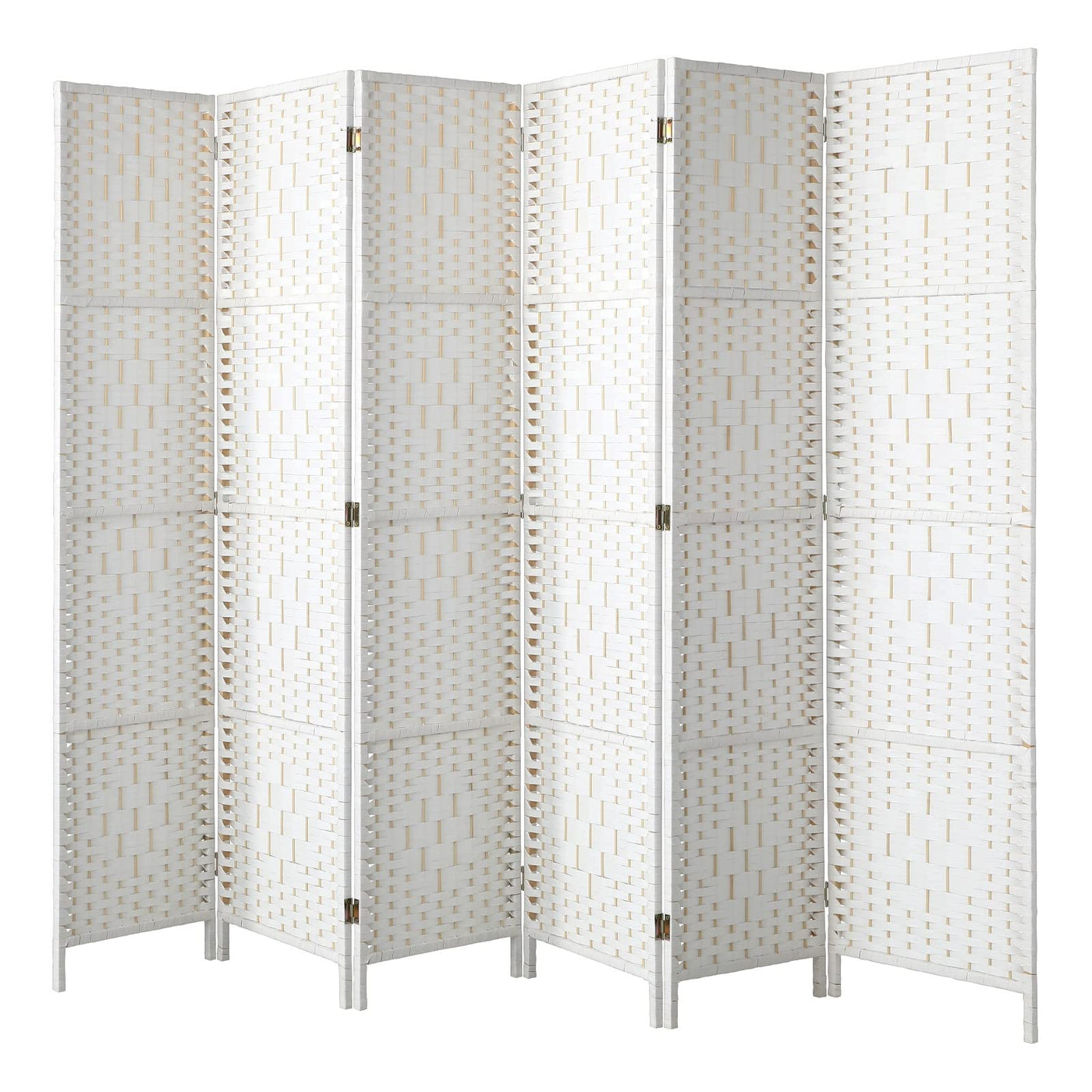 White 6-Panel Pine & Woven-Rattan Room Divider – 170cm