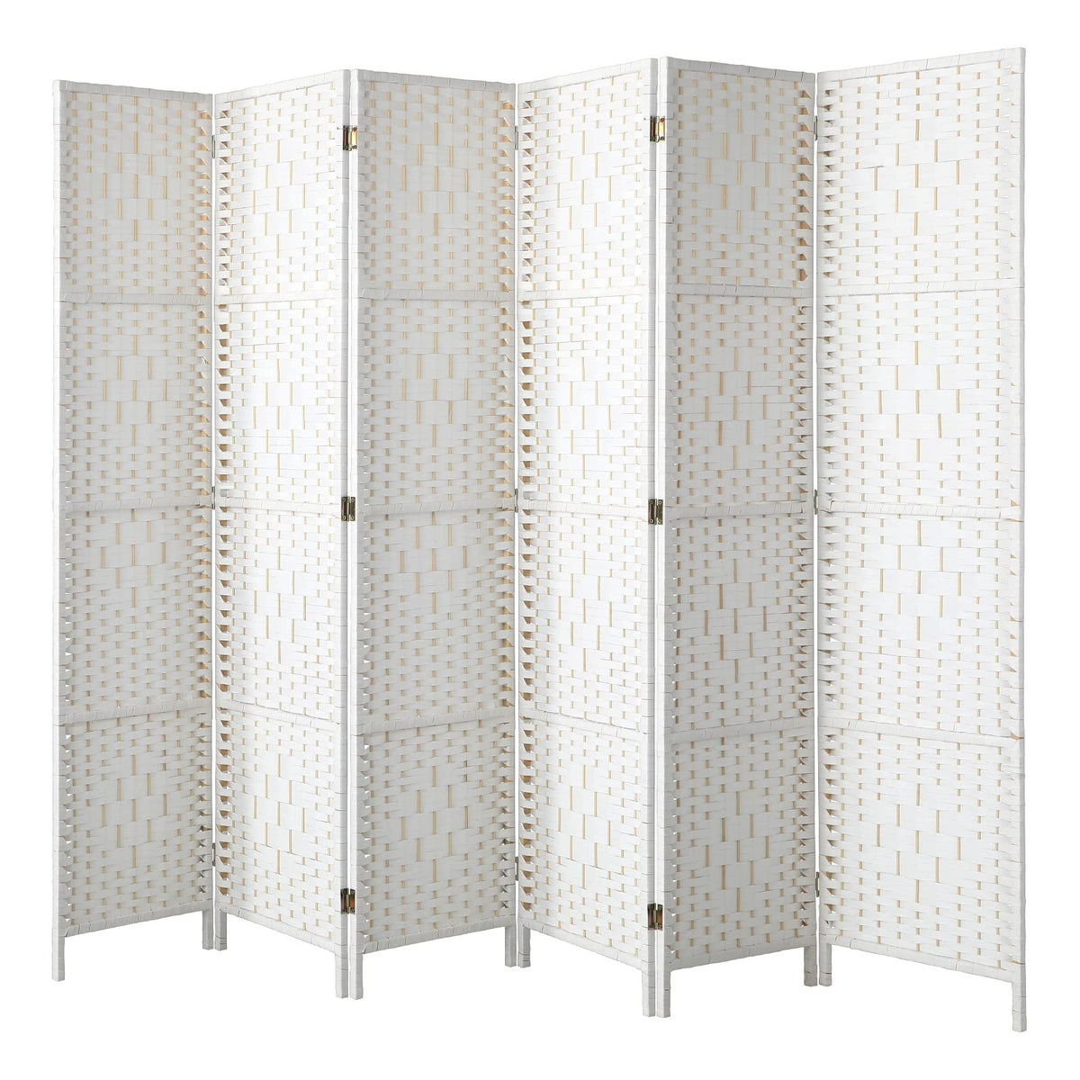 White 6-Panel Pine & Woven-Rattan Room Divider – 170cm