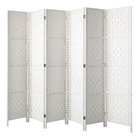 White 6-Panel Pine & Woven-Rattan Room Divider – 170cm