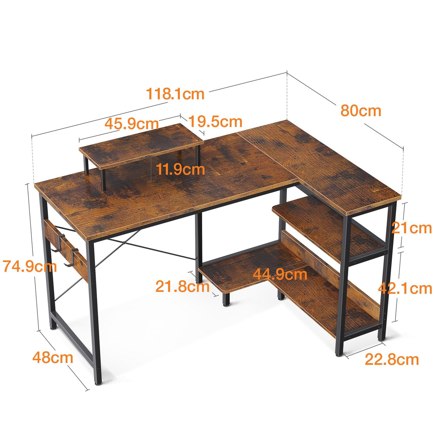 118 cm Rustic-Brown L-Shaped Desk with Shelves & Monitor Stand