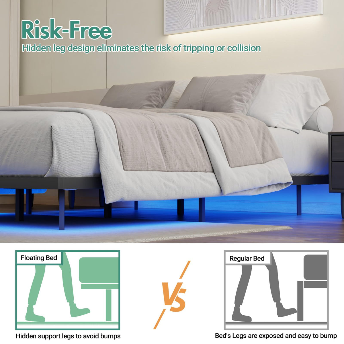Floating-Look Double Metal Platform Bed with 3-Sided LED Lighting