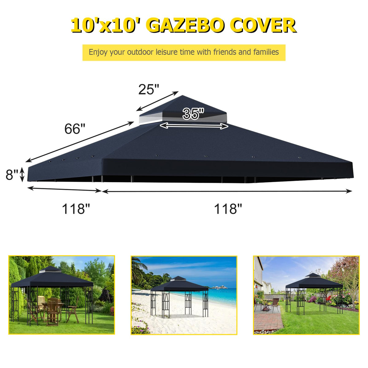 10 x 10 ft Double-Tier Gazebo Replacement Canopy – Black