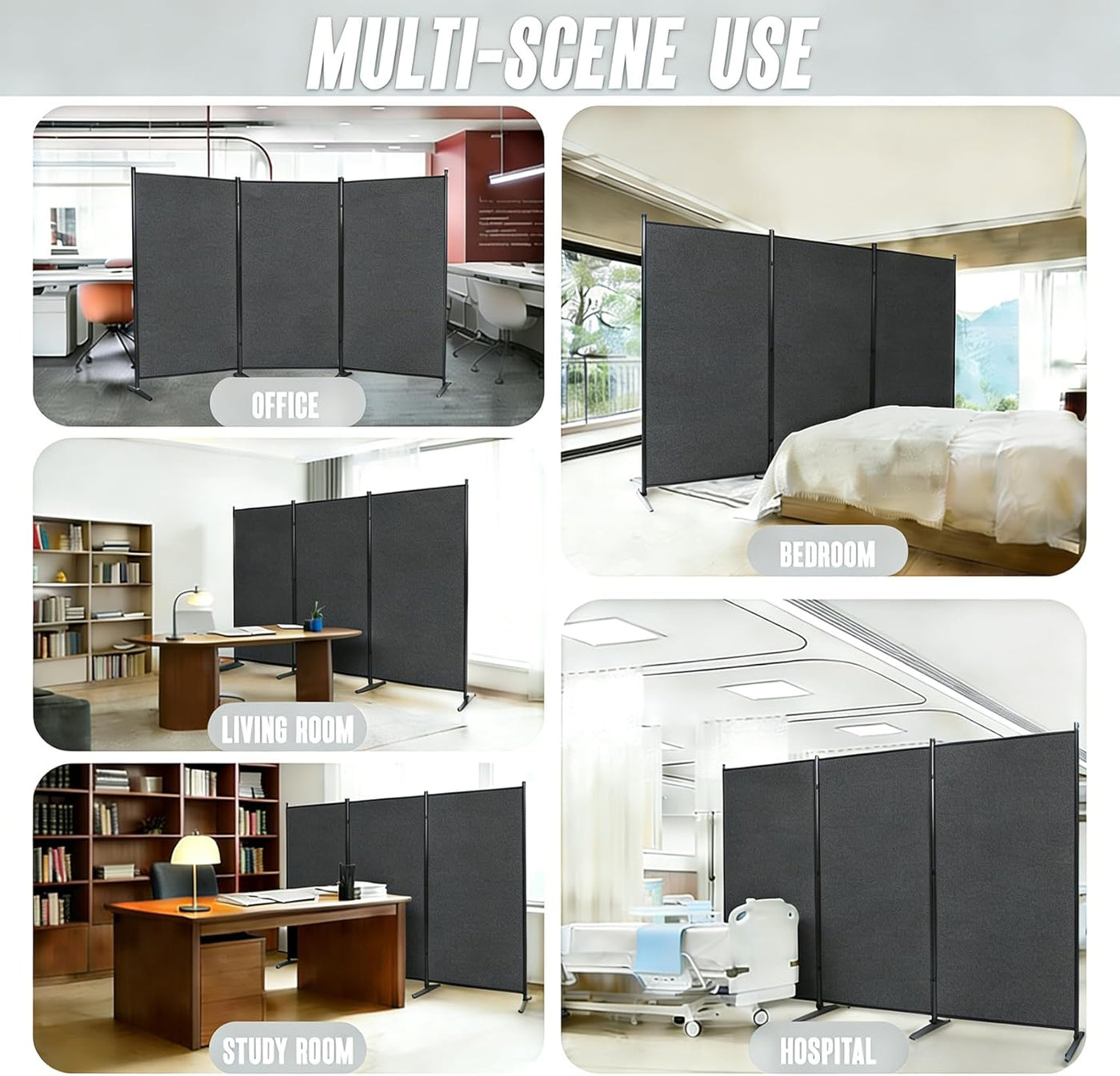Grey 3-Panel Oxford-Cloth Room Divider – 260 × 180cm