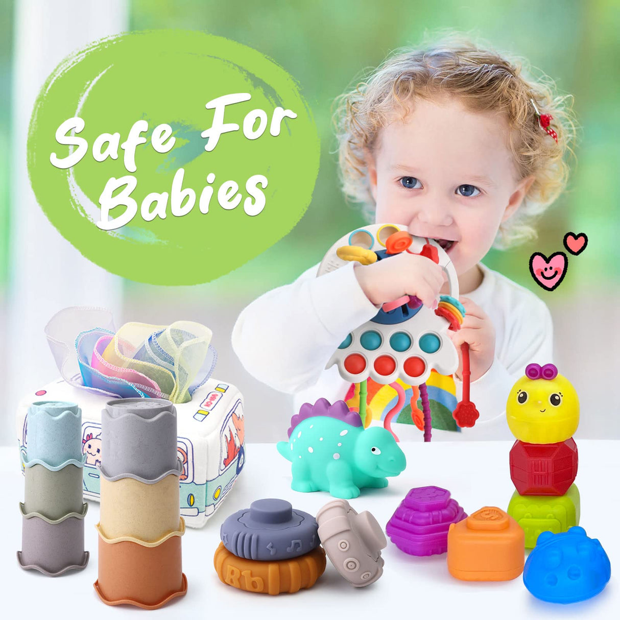 5 in 1 Baby Montessori Toys Set Include Shape Sorter Bin with Sound, Baby Tissue Box, Stacking Cups, Pull String Toy, Soft Stacking Rings, Sensory Toys for Infants Toddlers