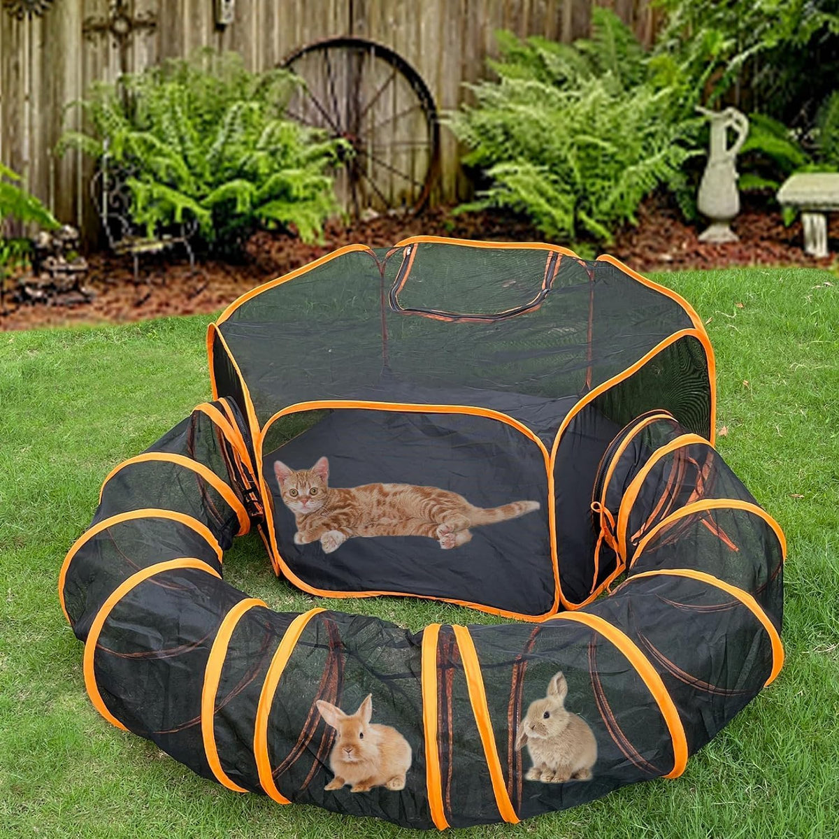 Pop-Open Mesh Cat Tent & Play Tunnel – Orange or Rainbow
