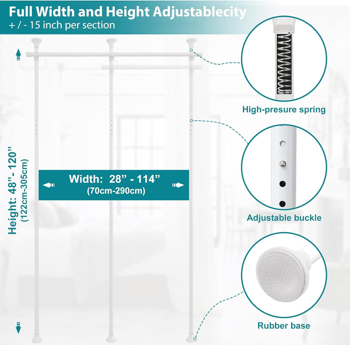 Room Divider, No Drilling Curtain Rods Wall Divider for Room Separation, 120” Tall 114” Wide Adjustable Floor to Ceiling Hanging Partition Room Dividers, Long Heavy Duty Room Divider Curtain Rods