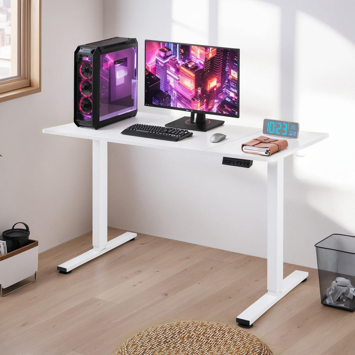 Electric Standing Desk, 120x60cm Height Adjustable Sit Stand Desk with Memory Function, Ergonomic Computer Desk for Home Office, Gaming Desk, Study Table with Hooks, White Frame Desktop