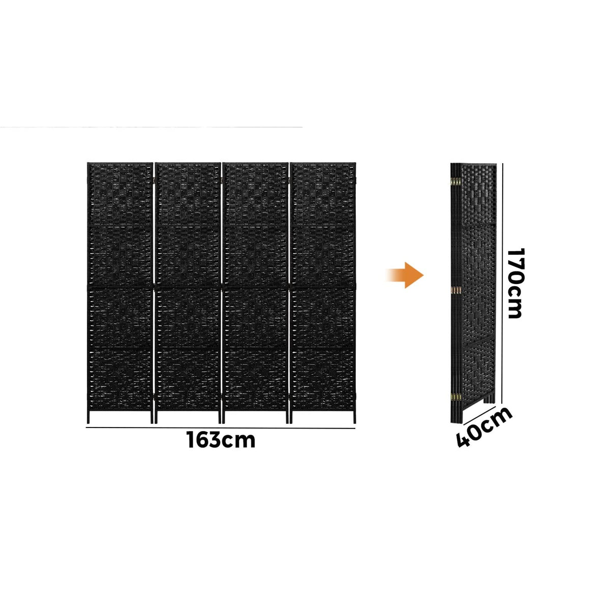 Black 4-Panel Pine & Woven-Rattan Room Divider – 170cm