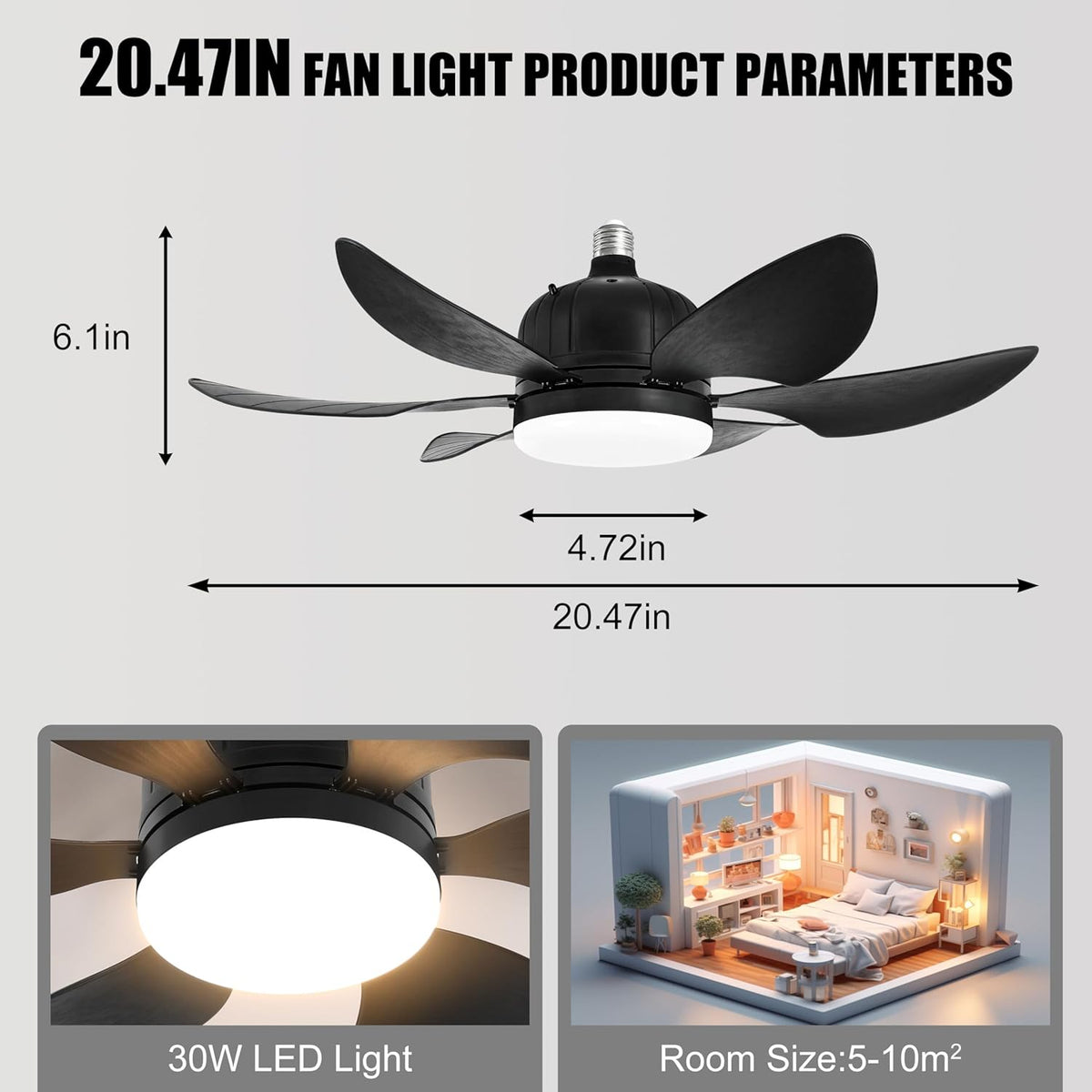 Socket Fan Light with Remote, Small Ceiling Fan with Light, 3 Colors 3500K-6000K, Easy to Install E27 Screw Base, Suitable for Bedroom, Living Room, Kitchen, Black