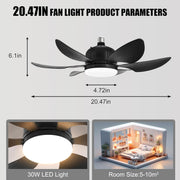 Socket Fan Light with Remote, Small Ceiling Fan with Light, 3 Colors 3500K-6000K, Easy to Install E27 Screw Base, Suitable for Bedroom, Living Room, Kitchen, Black