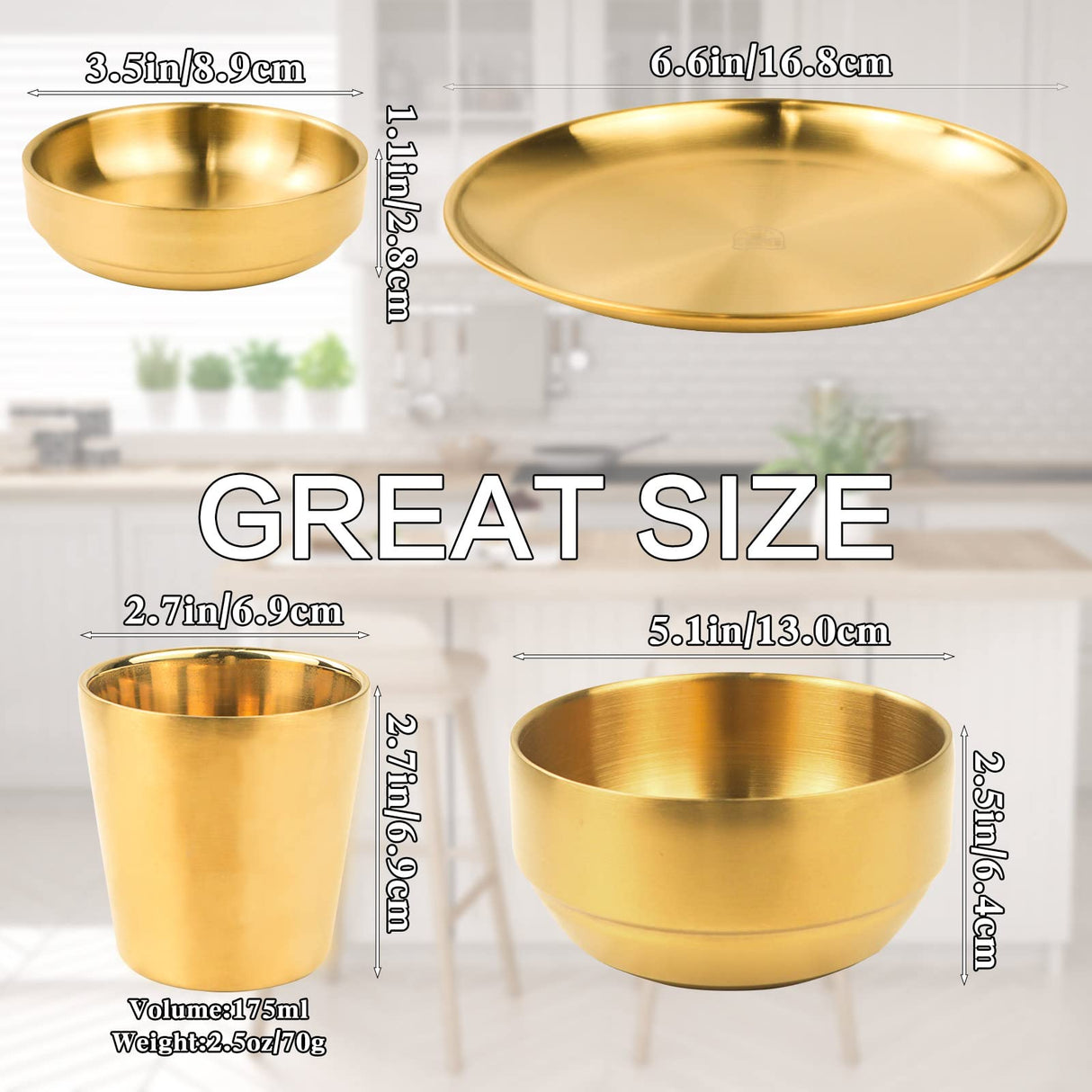 8 Pcs Stainless Steel Dinnerware Sets, Gold Dish Set, 6.6‘’ Small Thickened Dinner Plates, 16.9 OZ Soup Bowls, 3.5 OZ Mini Sauce Dish & Metal Cups, Stackable Dishware for Kitchen BBQ Party Picnic