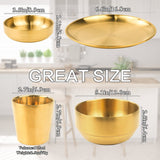 8 Pcs Stainless Steel Dinnerware Sets, Gold Dish Set, 6.6‘’ Small Thickened Dinner Plates, 16.9 OZ Soup Bowls, 3.5 OZ Mini Sauce Dish & Metal Cups, Stackable Dishware for Kitchen BBQ Party Picnic