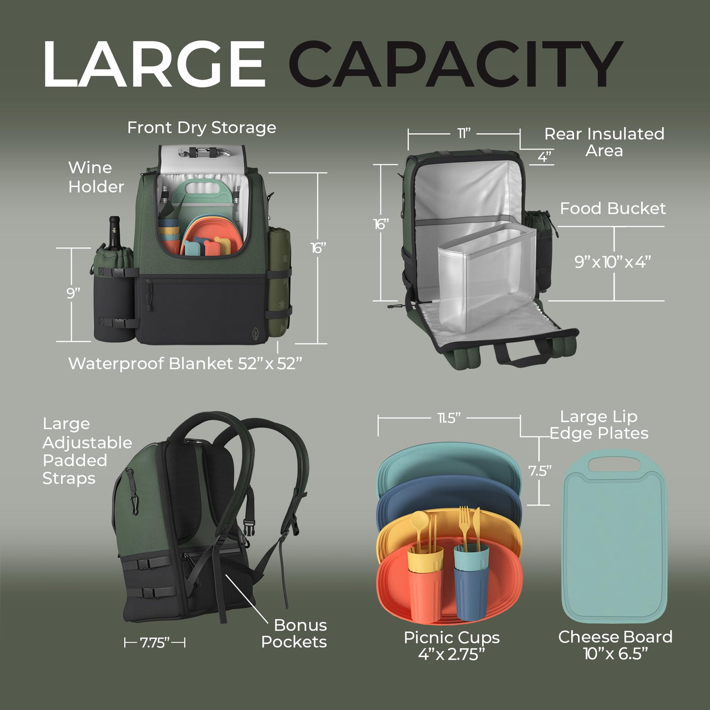 Insulated Picnic Backpack for Four with Blanket & Wine Cooler