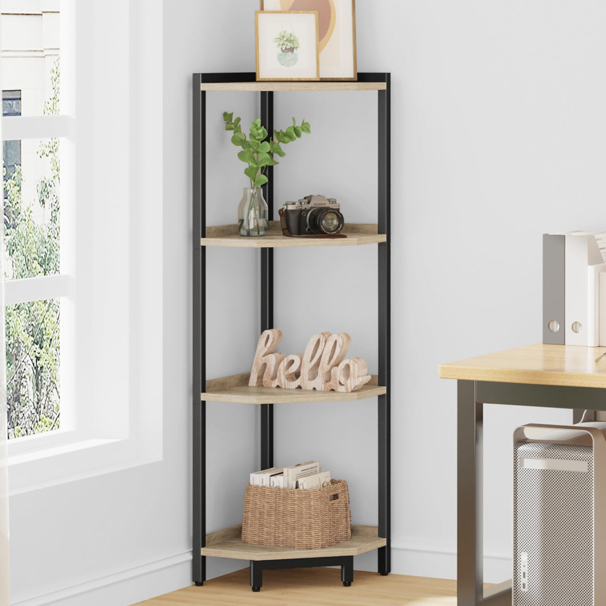 Freestanding Corner Shelf with Metal Frame