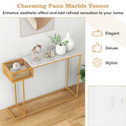White Faux-Marble Console Table with Wire Basket