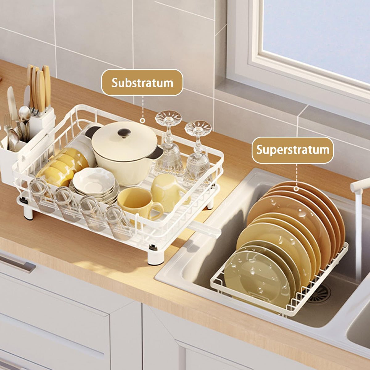 43 cm White 2-Tier Dish Rack with Extendable 360° Drain Spout