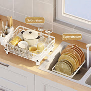 43 cm White 2-Tier Dish Rack with Extendable 360° Drain Spout