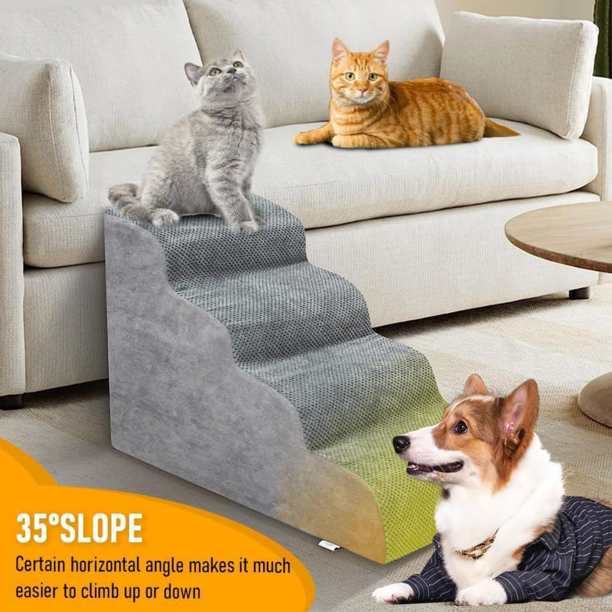 4-Step Grey Detachable Pet Stairs for Beds & Couches