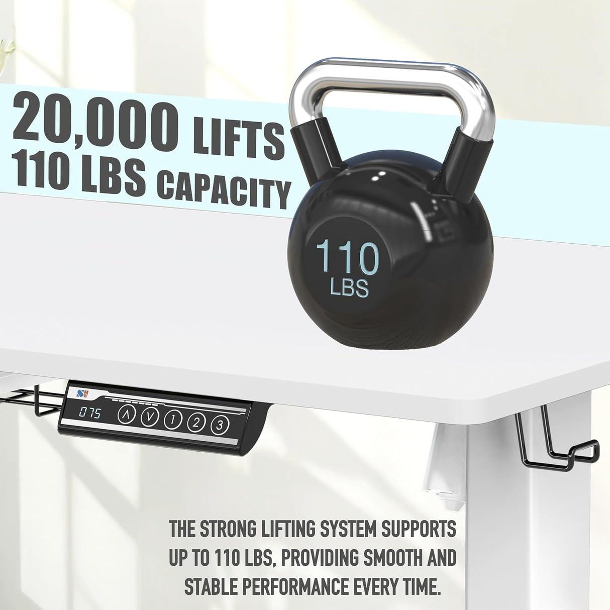 SHW 100 x 55 cm Electric Standing Desk, Whole Piece Desktop Height Adjustable Sit to Stand Desk with Hanging Hooks and Cable Management, White Frame with White Top