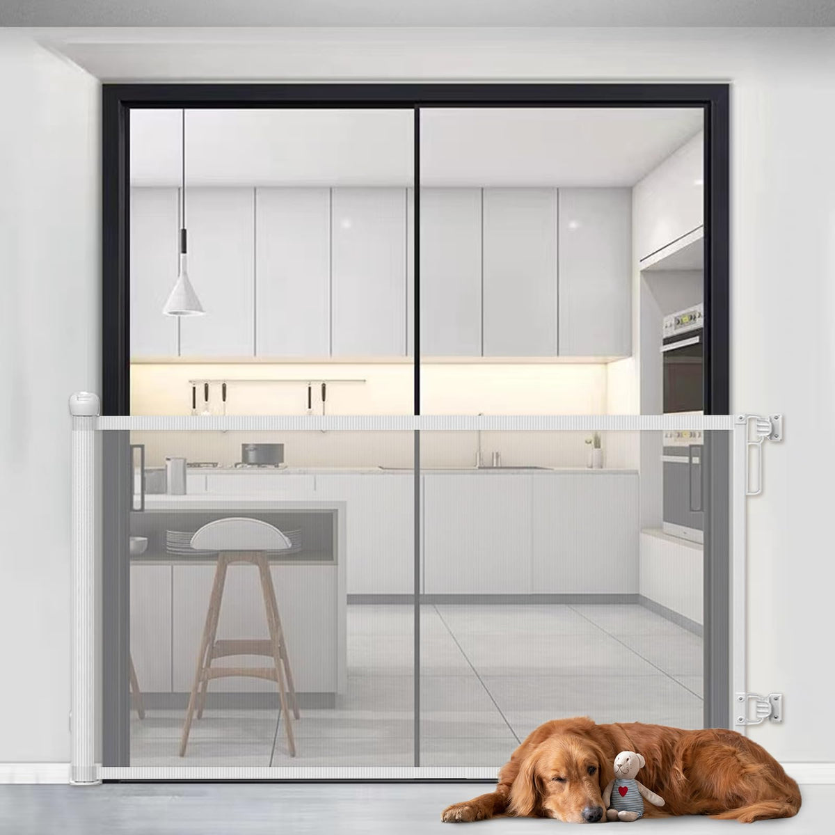 Retractable Baby Gate Durable Portable Mesh Gate Easy Installation 86CM Tall Stretches 180CM Wide for Large Stairs Retractable Dog Gates for Doorways Stairs Indoor Outdoor(White,86CMx180CM)