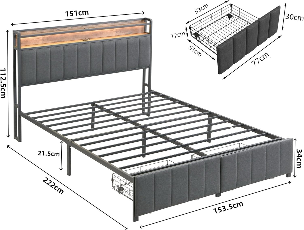 Queen Bed Frame with Storage, Upholstered Bed Frame with LED Lights Headboard and 2 Drawers, Charging Station, Noise-Free, No Box Spring Needed, Easy Assembly, Grey