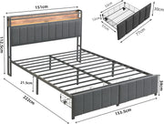 Bed Frame with Storage, Upholstered Bed Frame with LED Lights Headboard and 2 Drawers, Charging Station, Noise-Free, No Box Spring Needed, Easy Assembly, Grey