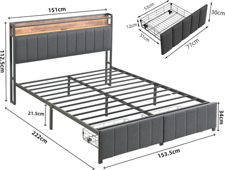Queen Bed Frame with Storage, Upholstered Bed Frame with LED Lights Headboard and 2 Drawers, Charging Station, Noise-Free, No Box Spring Needed, Easy Assembly, Grey