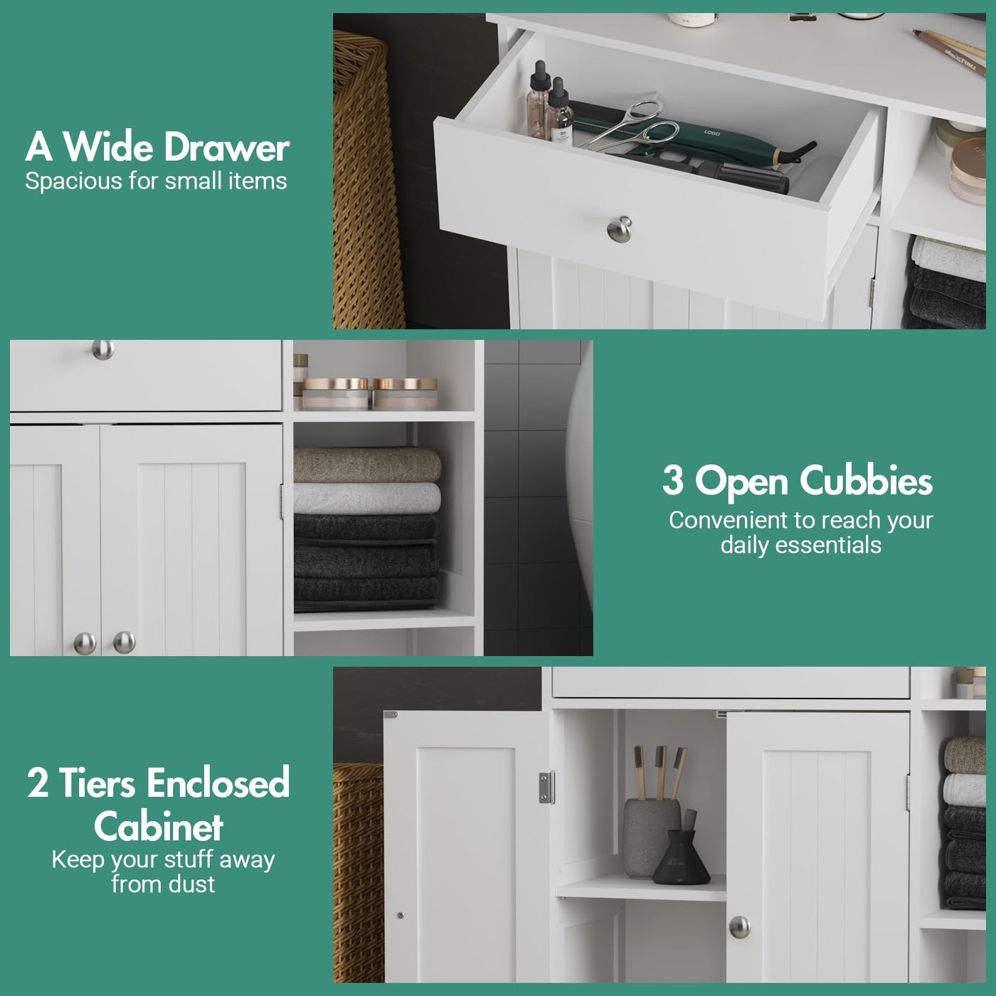 White Freestanding Storage Cabinet with Drawer & Shelves