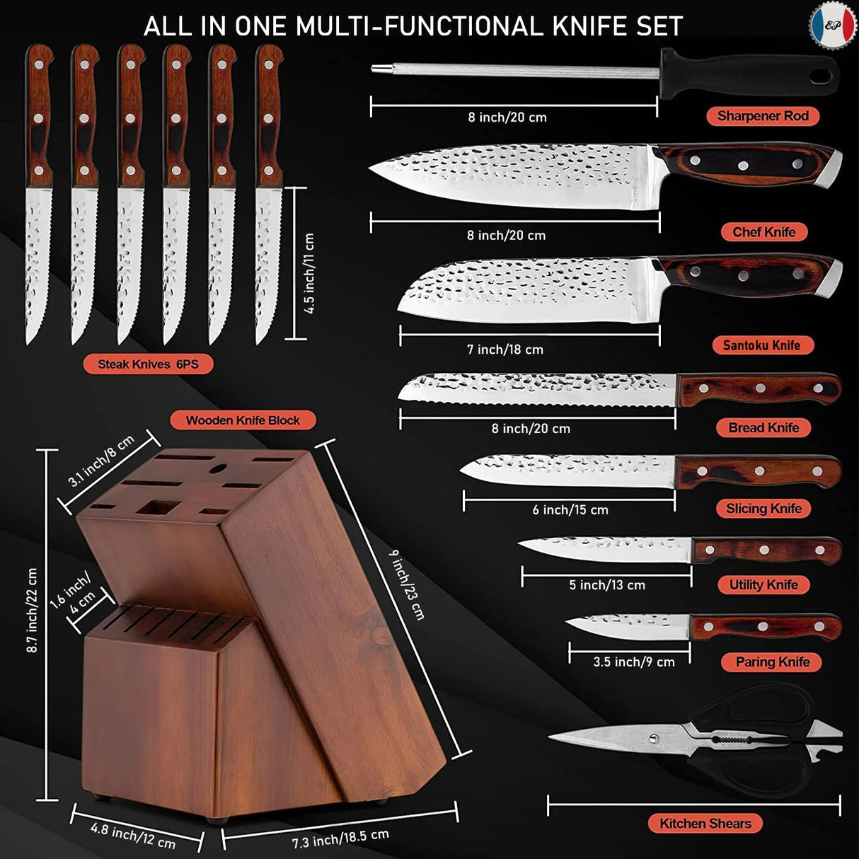 Kitchen Knife Set 15-Piece with Wooden Block. Ultra Sharp High Carbon German Stainless Steel Hammer Pattern Chef & Steak Knives. Full Tang Design with Forged Triple Rivet. Boxed Knife Set