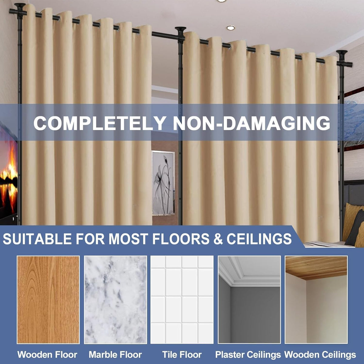 122–305 cm No-Drill Tension Room Divider Rod – 3 Options