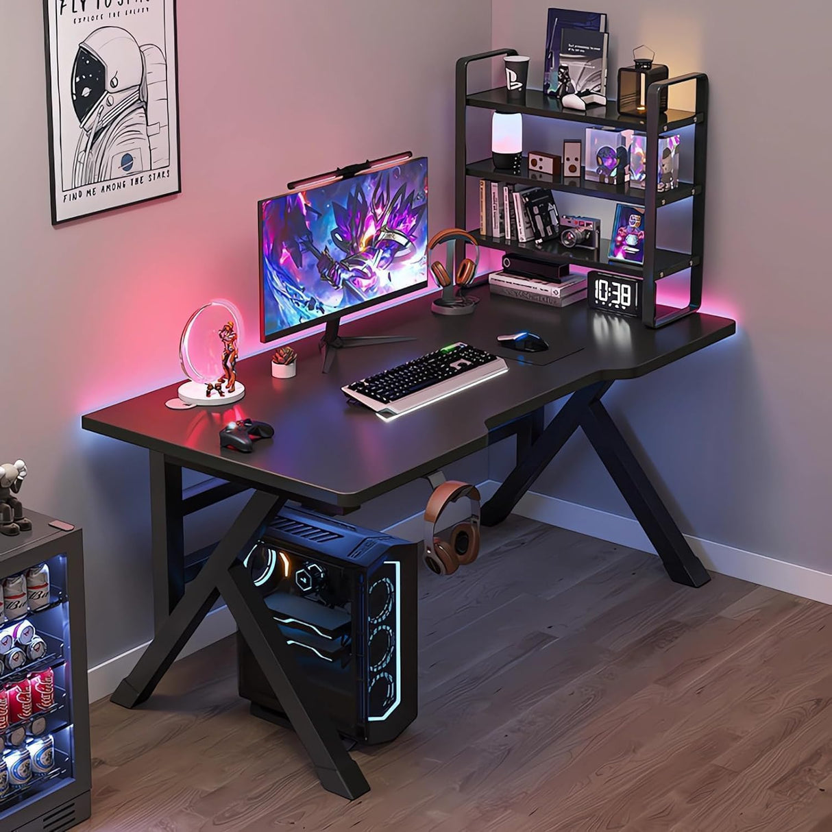 Large Gaming Desk,100CM Computer Desk with Carbon Fiber Surface, Gaming Table K Shaped PC Gaming Workstation Home Office Desks (Carbon Fiber Black, 100CM)