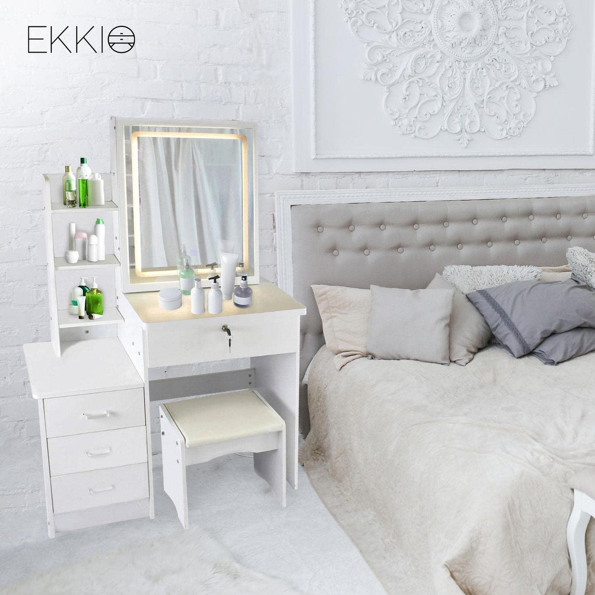 Dressing Table, Makeup Desk with Stool and Sliding Come with Storage and Drawer, Modern Design, White Makeup Table with Mirror and Chair, 3 Color and Brightness LED Mirror