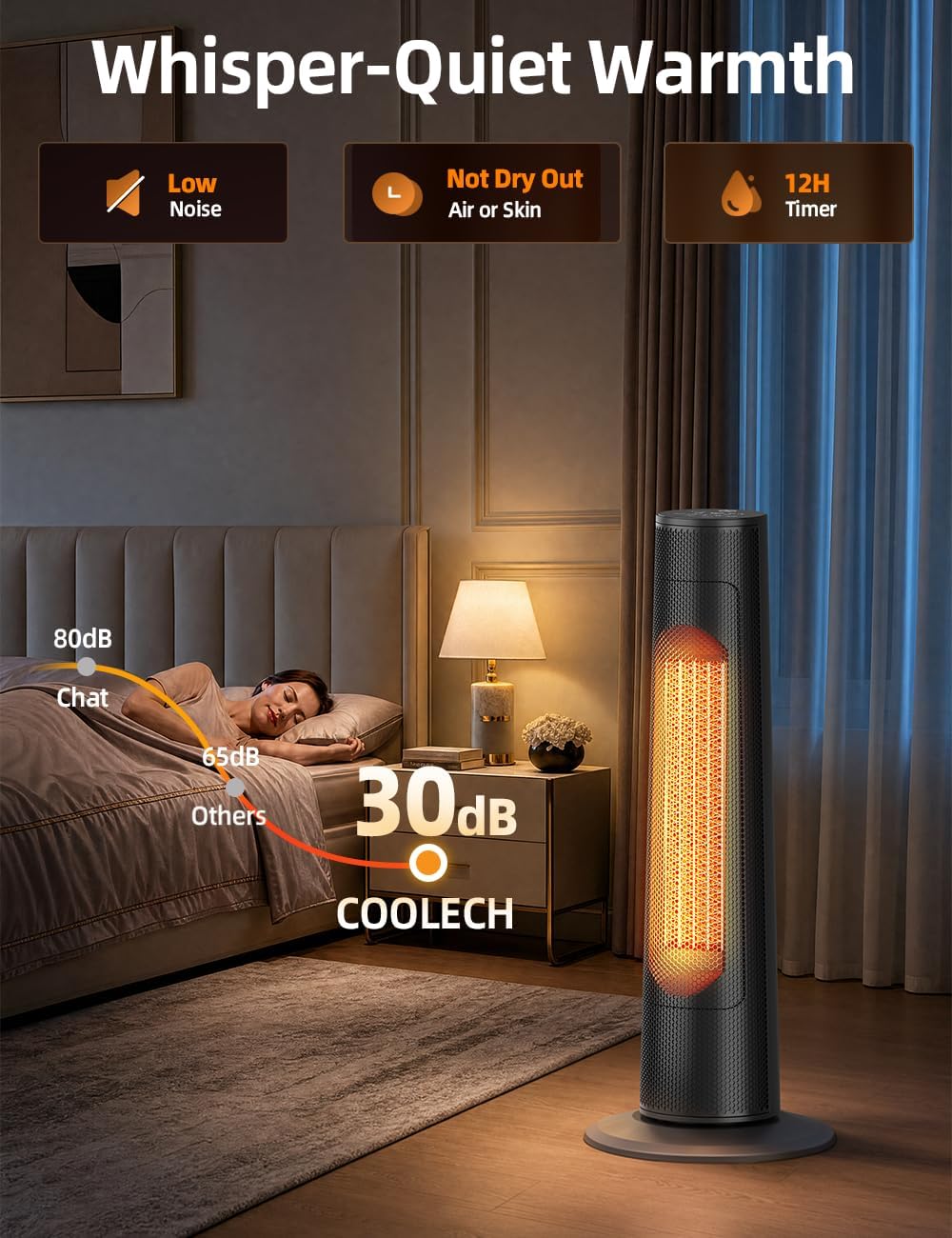 Portable Heater, 63CM 2000W PTC Ceramic Heater w/Remote, 1S Heating 30m², 12H Timer, 70° Oscillation, Adjustable Thermostat Fan Heater, Overheat & Tip-Over Protection Room Heater for Bedroom
