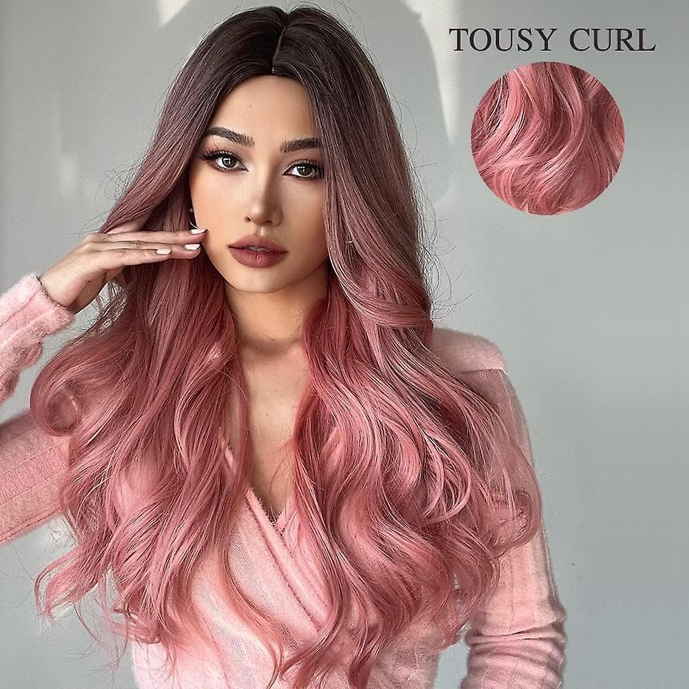 24-Inch Centre-Part Wavy Synthetic Wig – Pink