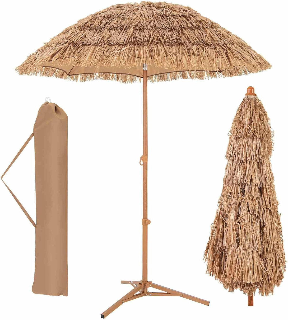 Costway 2M Thatched Tiki Umbrella w/Foldable Stand, Hawaiian Style Beach Umbrella w/Push Button Tilt, Carry Bag, Portable Sunshade Table Market Umbrella for Outdoor Tiki Bar Garden Patio Pool
