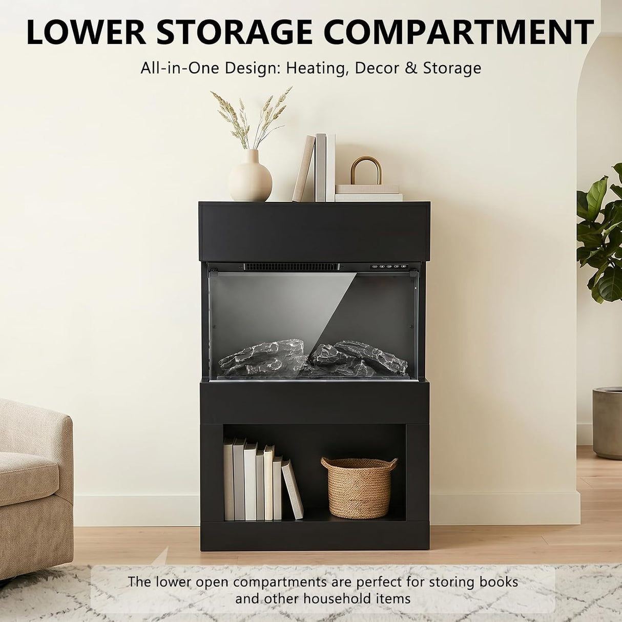 2000W Electric Fireplace Heater with Mantel, Powerful Space Heaters with 6-Color LED Flame, 2 Heating Levels, 12H Timer, Lower Storage, Overheat Protection for Indoor Use, Black