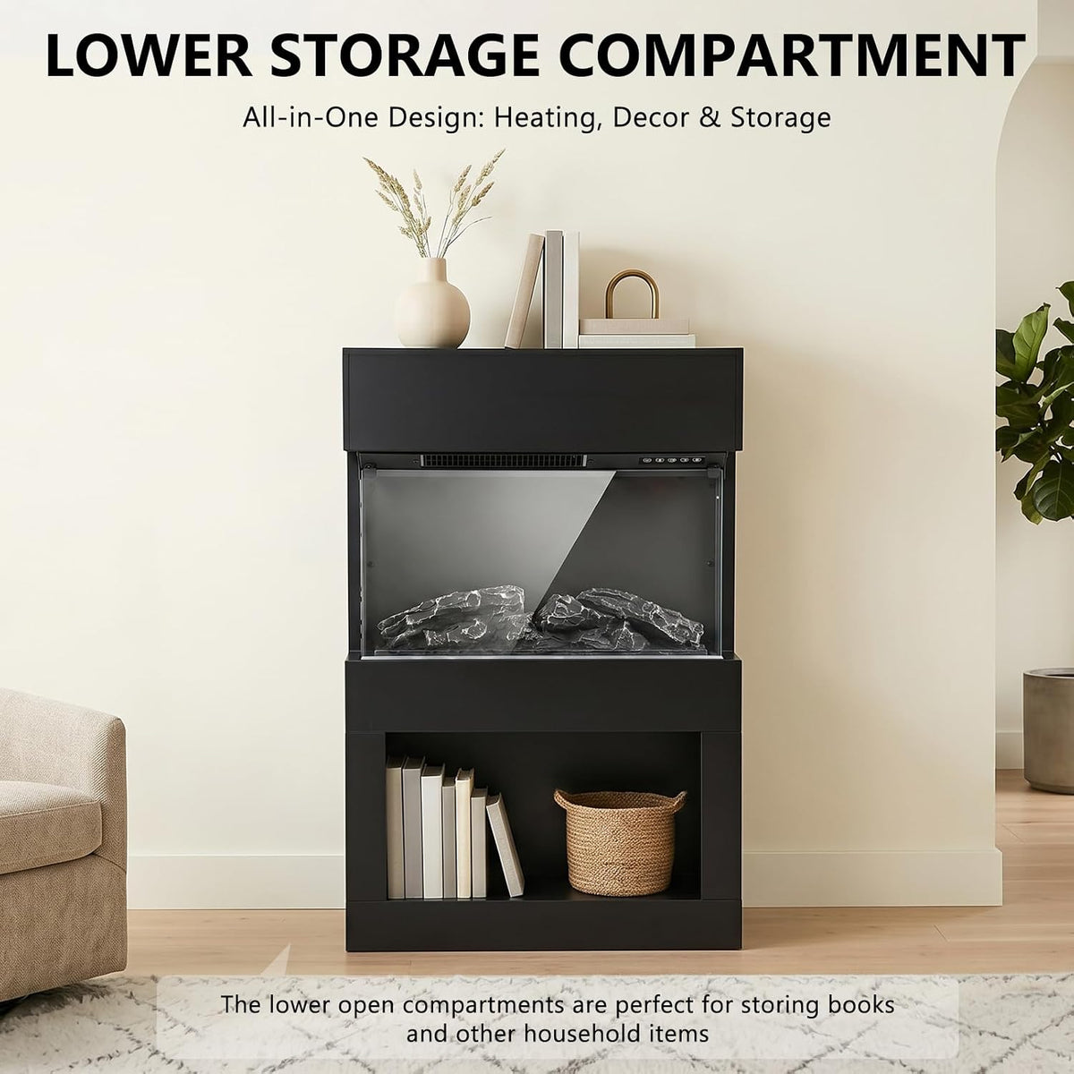 2000W Electric Fireplace Heater with Mantel & Storage