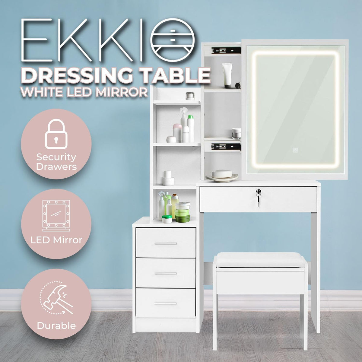 Dressing Table, Makeup Desk with Stool and Sliding Come with Storage and Drawer, Modern Design, White Makeup Table with Mirror and Chair, 3 Color and Brightness LED Mirror