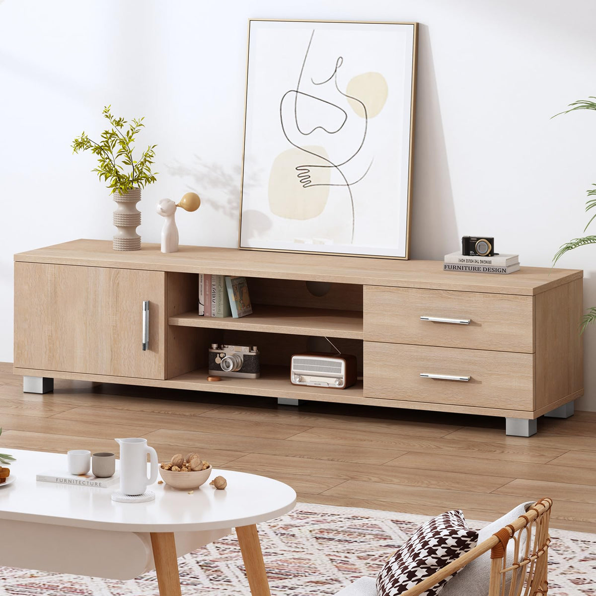 120 cm Wooden TV Cabinet with 2 Drawers & Shelves
