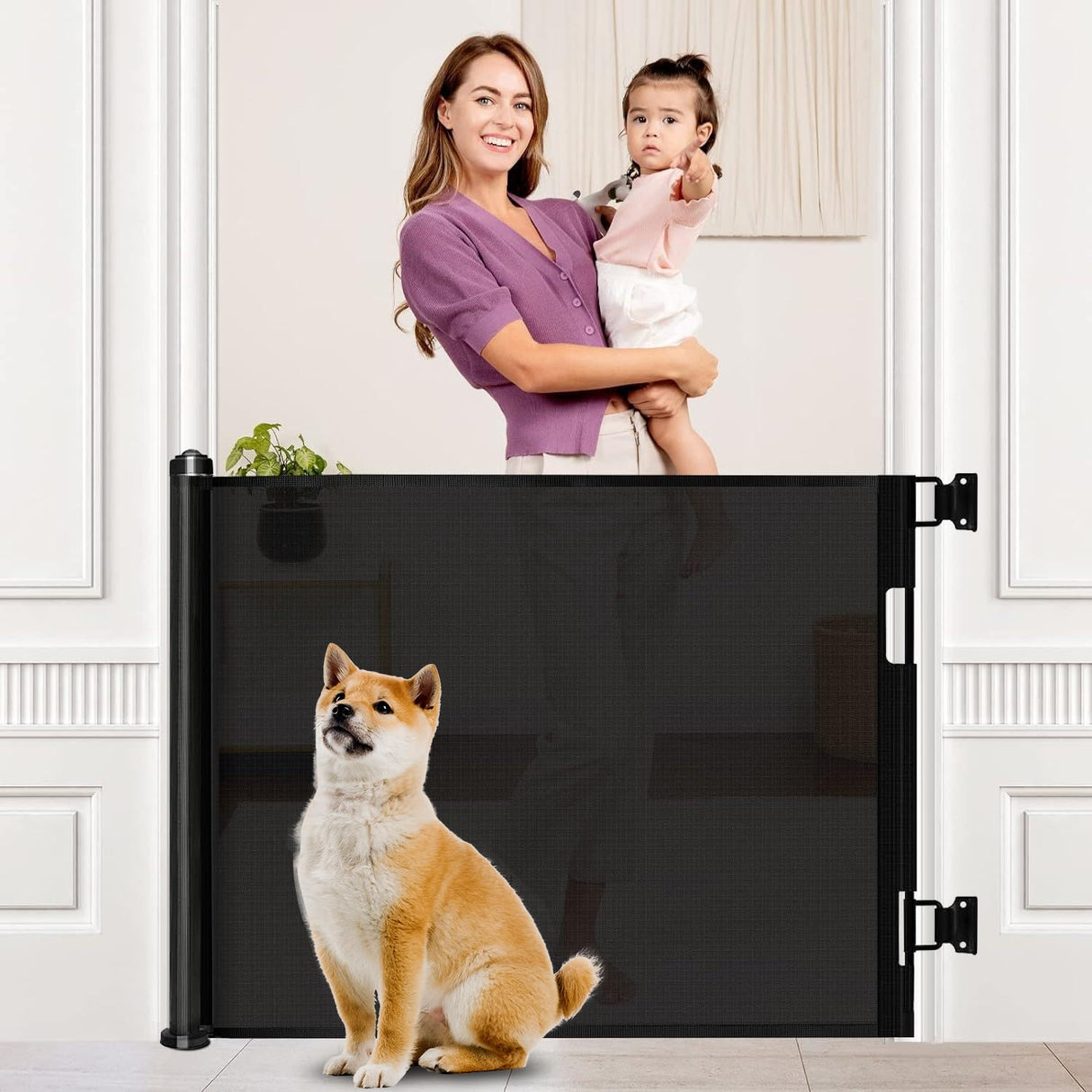 Retractable Safety Gate Baby Gate Dog Gate for Door Stair, Durable Mesh and Rotary Lock Design, 86cm Tall Extends up to 150cm Wide Gate Black Color