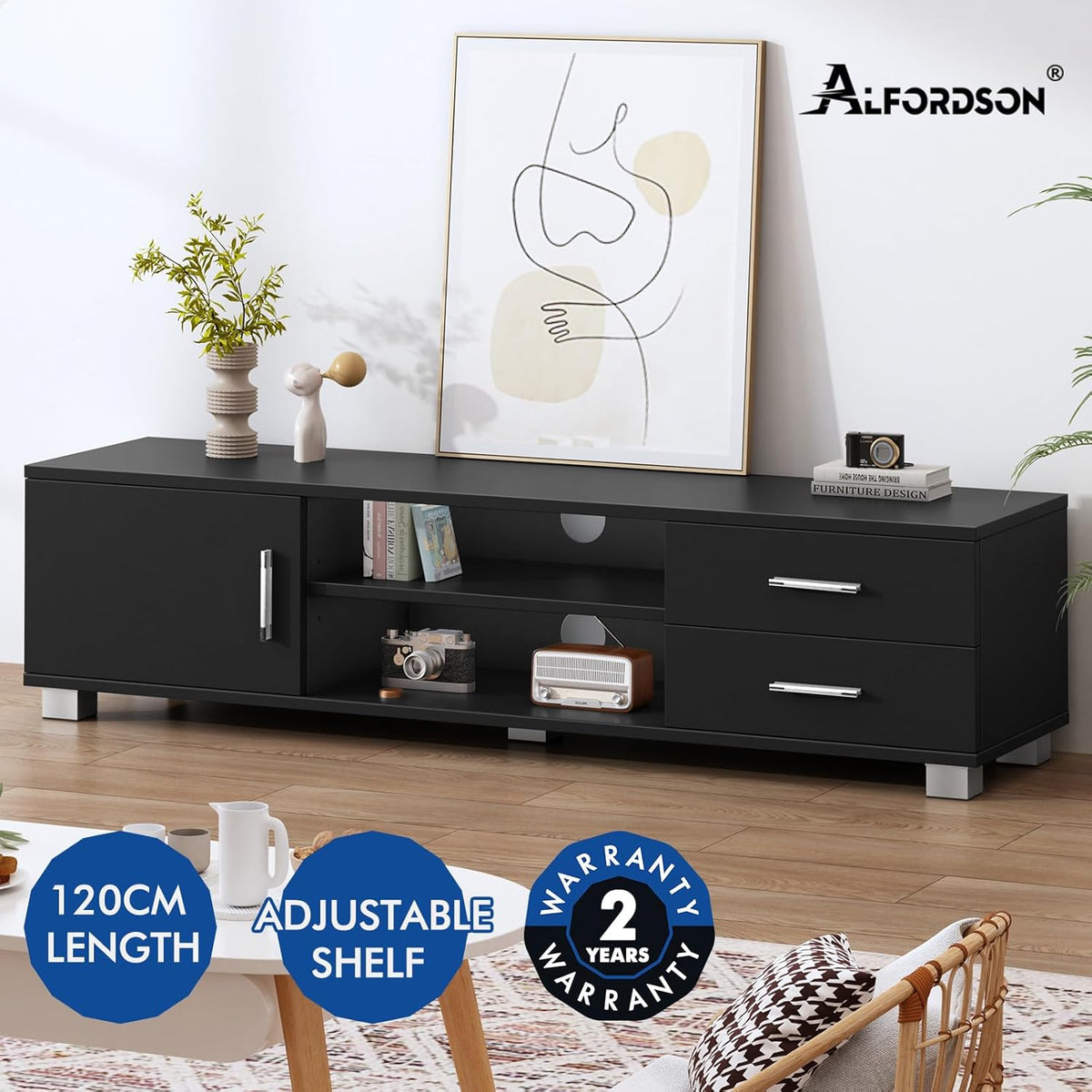 TV Cabinet Stand with 2 Drawers, 2 Shelves and Storage Cabinet, Modern Furniture Entertainment Unit for Living Room, Multimedia Centre, 120 x 30 x 30cm