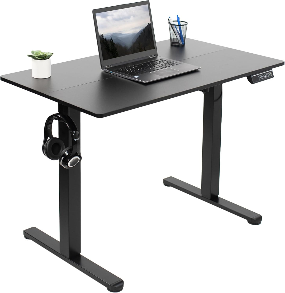 Electric Height Adjustable 102cm x 61cm Stand Up Desk, Complete Standing Workstation with Memory Controller, Black 2 Part Top, Black Frame