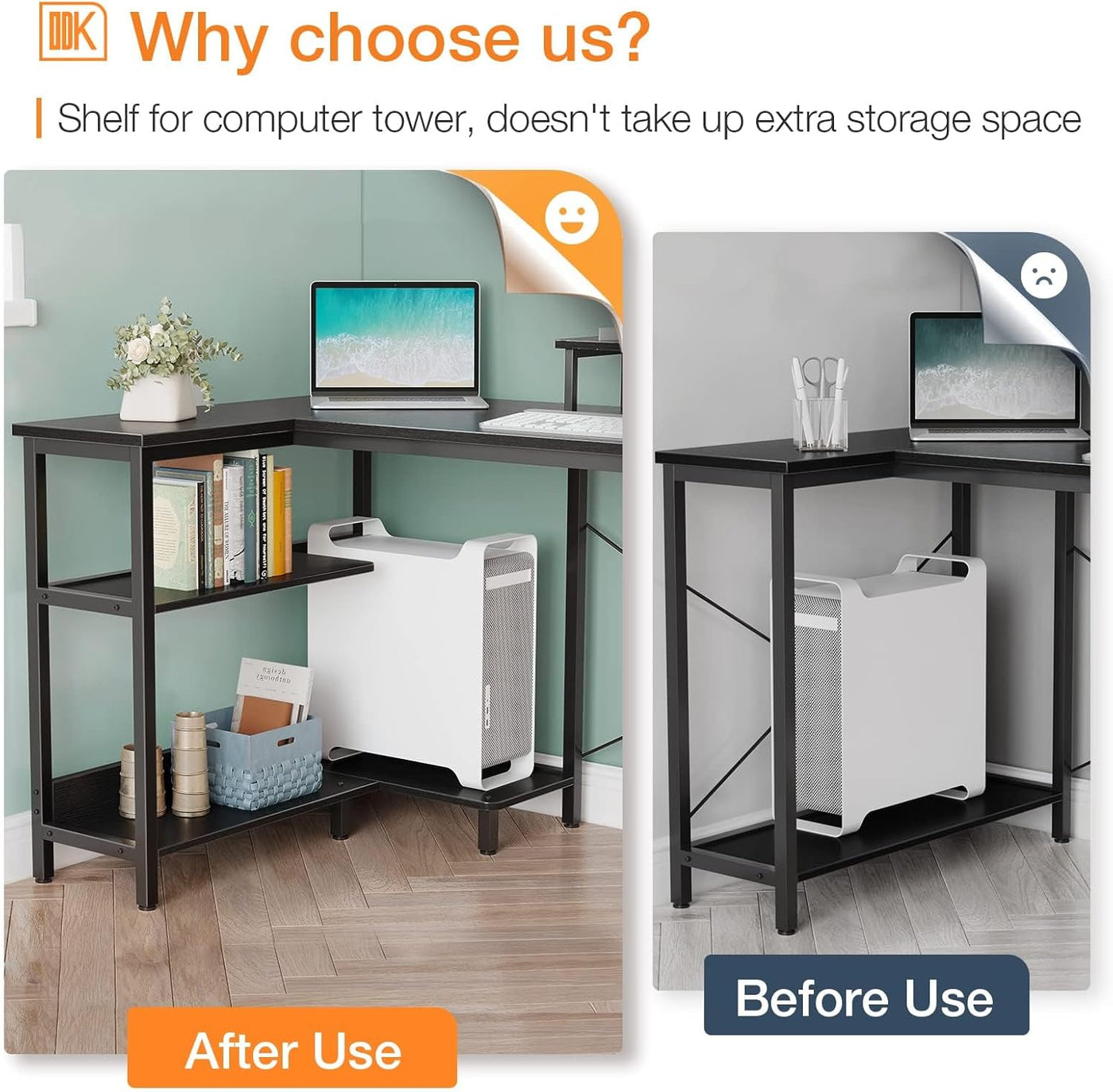 Reversible L-Shaped Desk with Shelves & Monitor Stand