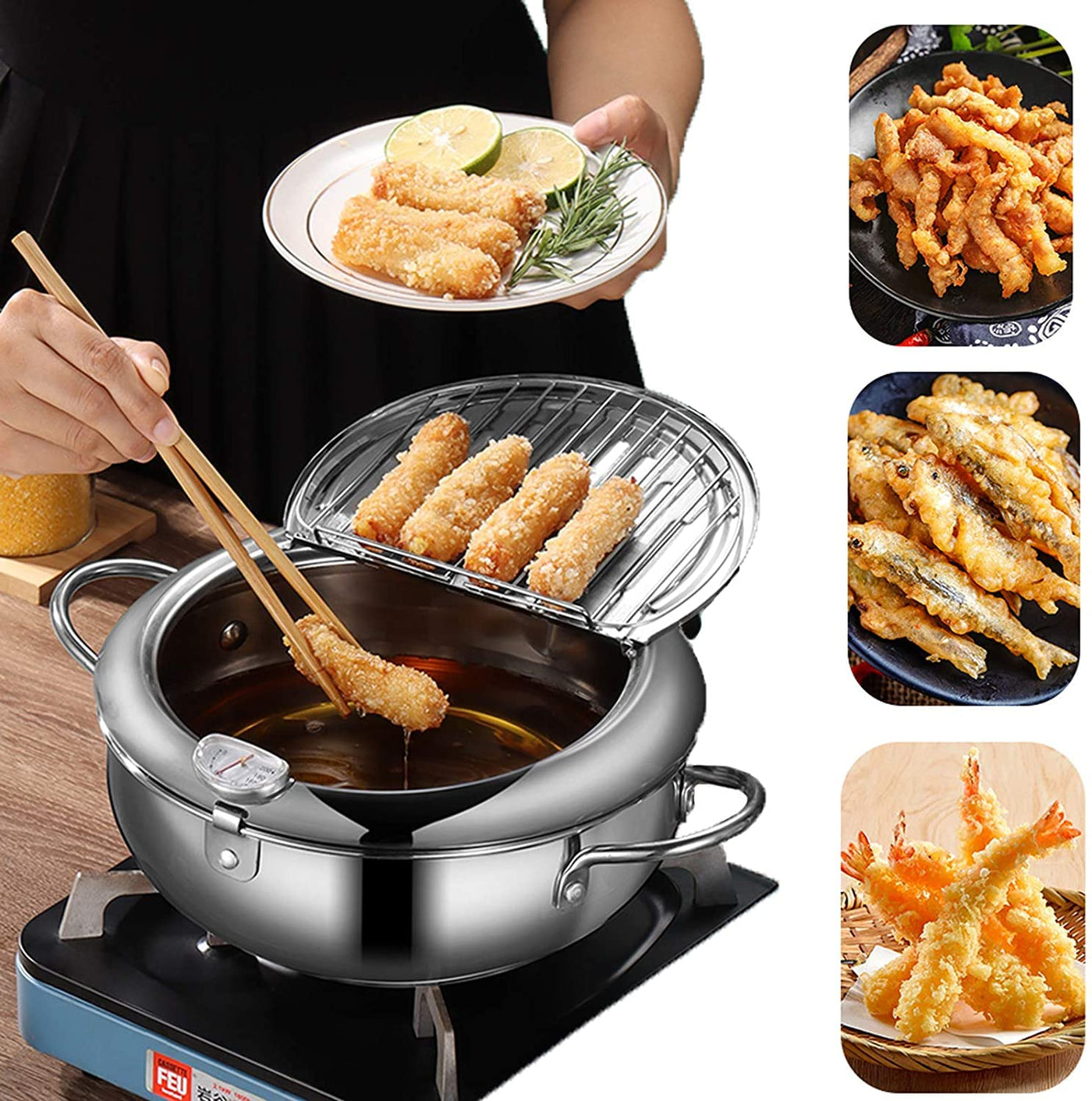 24 cm Stainless-Steel Tempura Frying Pot with Thermometer