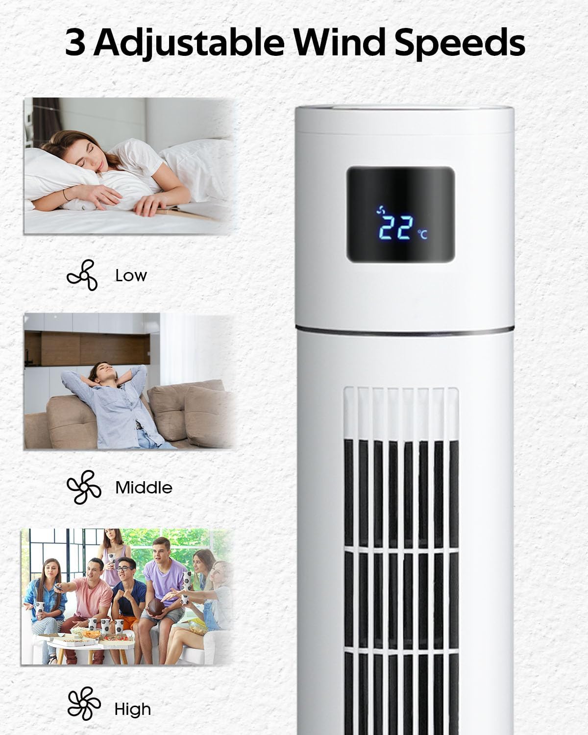 Tower Fan Portable Floor Fan Electric Cooling Fans with 3 Speed, 12H Timer, 70° Oscillating, LED Digital Display for Bedroom Home Office, White