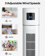 Tower Fan Portable Floor Fan Electric Cooling Fans with 3 Speed, 12H Timer, 70° Oscillating, LED Digital Display for Bedroom Home Office, White