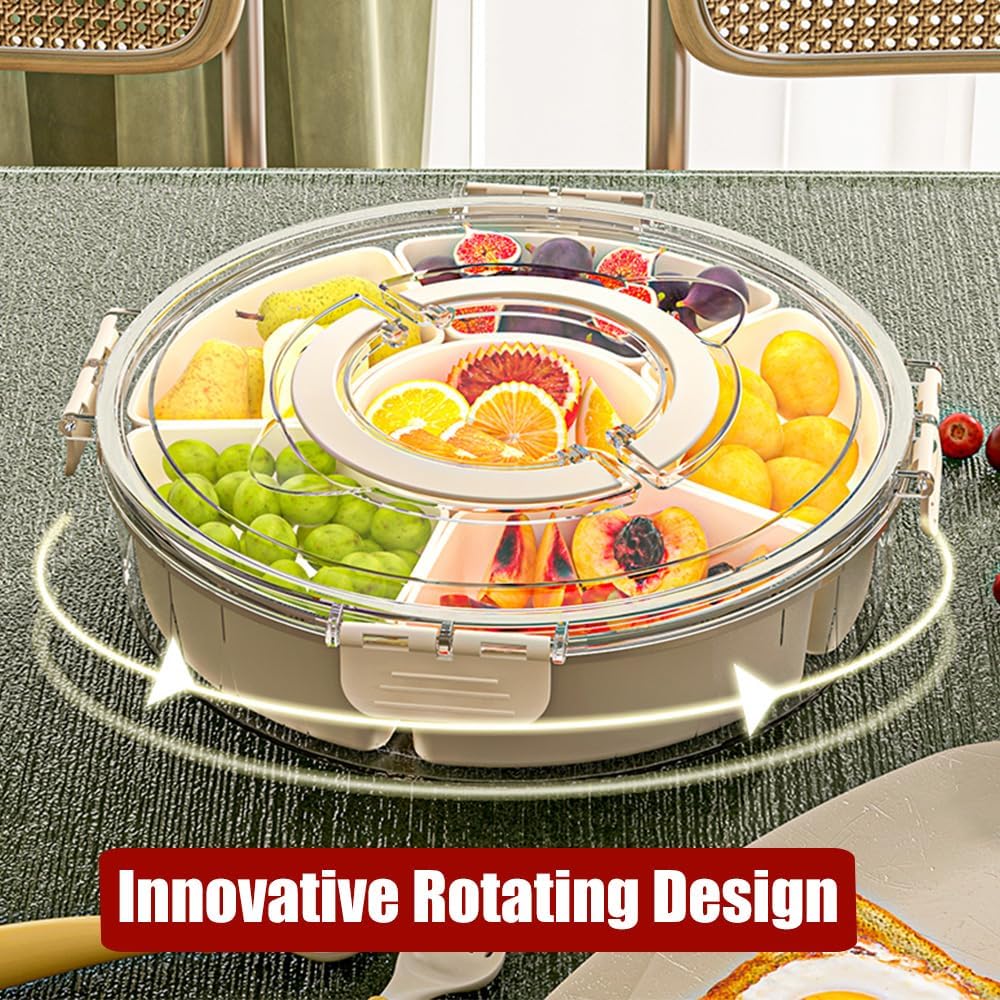 IRONA Portable Spinnable Snackle Box Container, Divided Dishes, Trays & Platters,Divided Rotating Serving Tray with Lid and Handle for Veggie, Fruit, Candy, Nuts, Divided Serving Platter