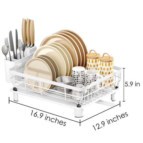 Dish Drying Rack with Drainboard Dish Drainers for Kitchen Counter Sink Adjustable Spout Dish Strainers with Utensil Holder and Knife Slots, White