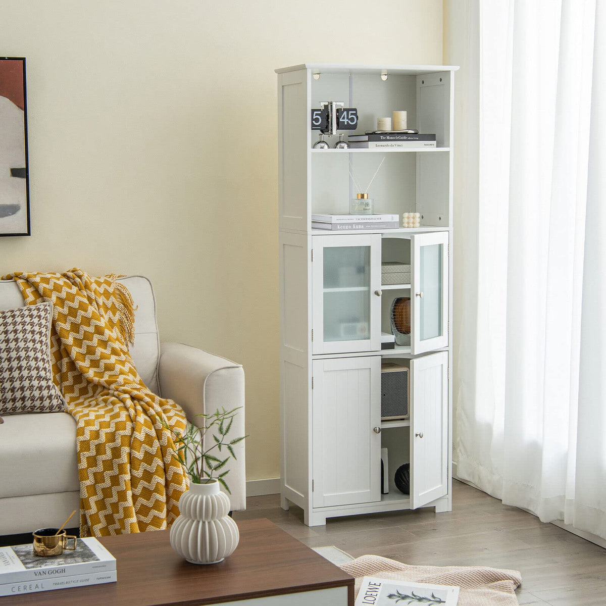 White Tall Pantry Cabinet with Glass Doors & Adjustable Shelves